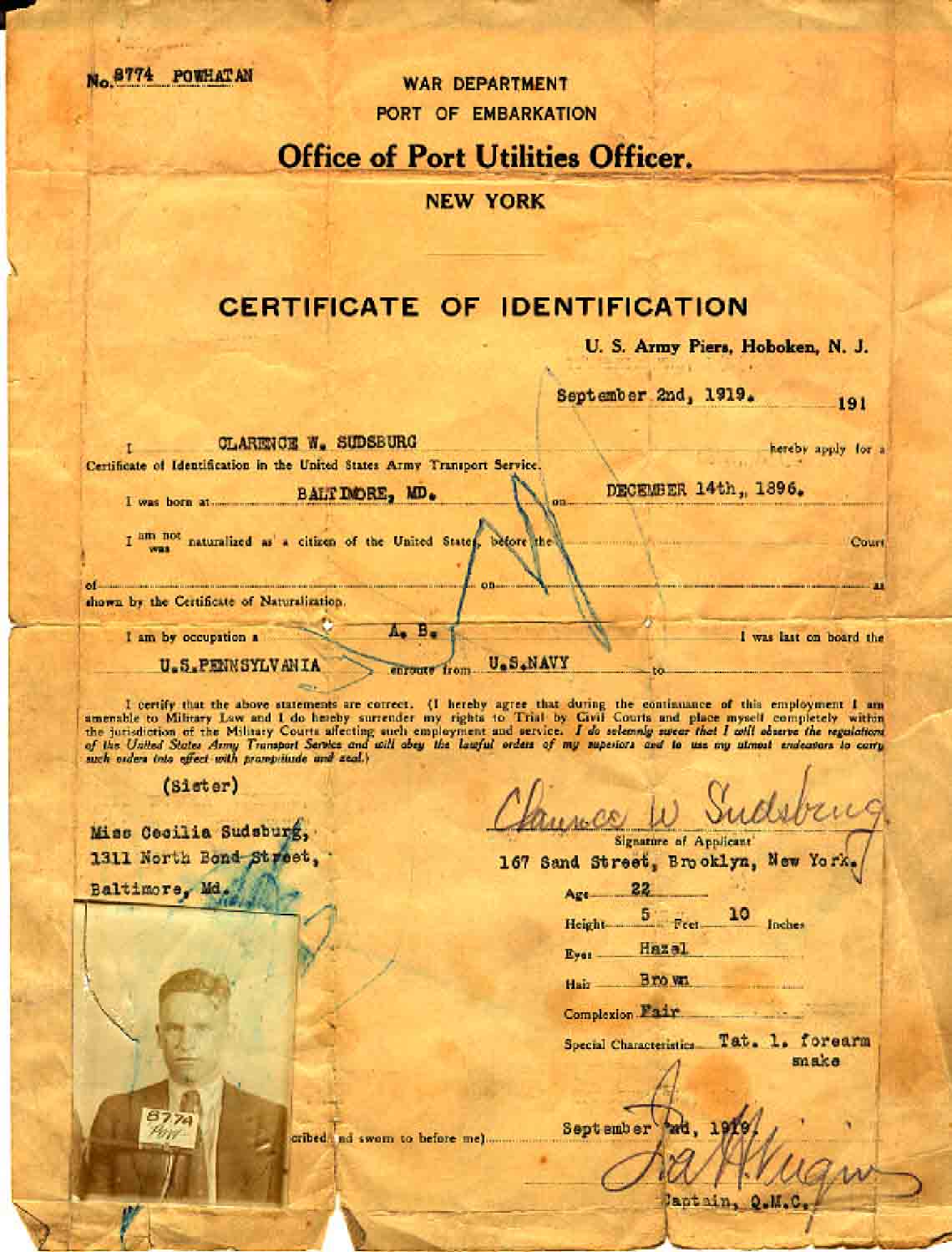 Photo of Clarence Weaver Sudsburg Military ID